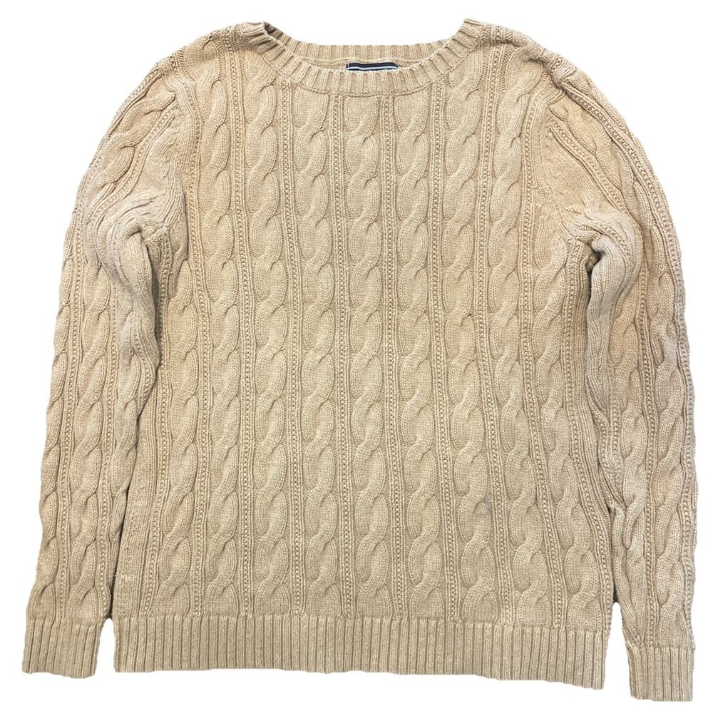 Lands End‎ Drifter Tan Cable Knit Sweater Fisherman Cabin Natural Minimalist